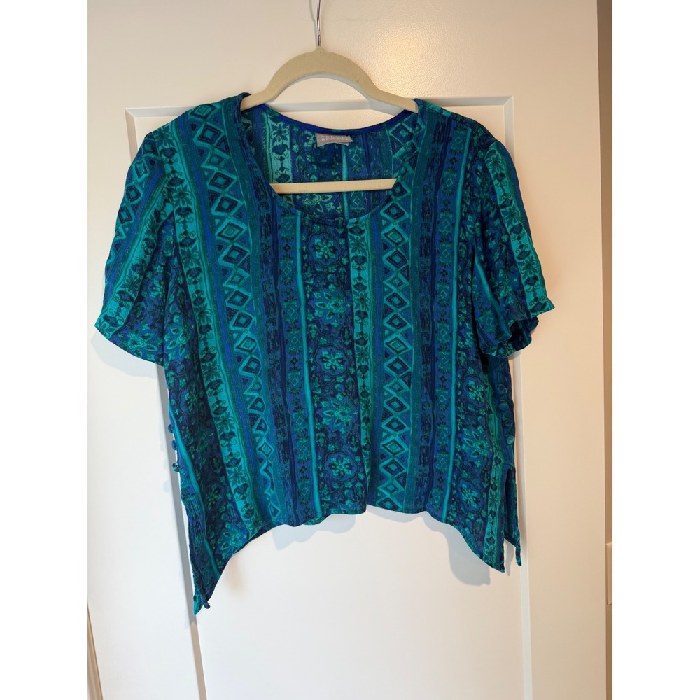 Rabbit Rabbit Designs Teal Blue Geometric Print Rayon Sharkbite Blouse Size 14M
